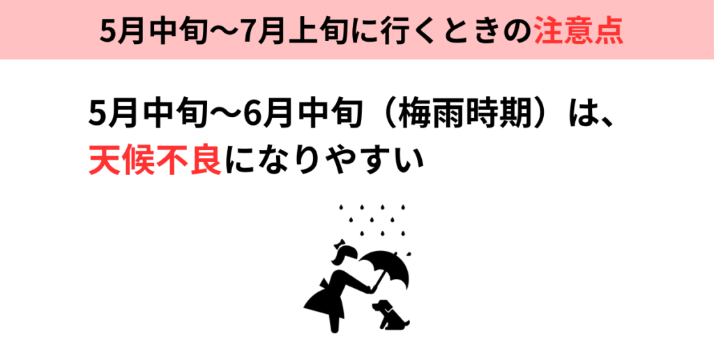 5月中旬～6月中旬は梅雨時期なので、天候不良になりやすい